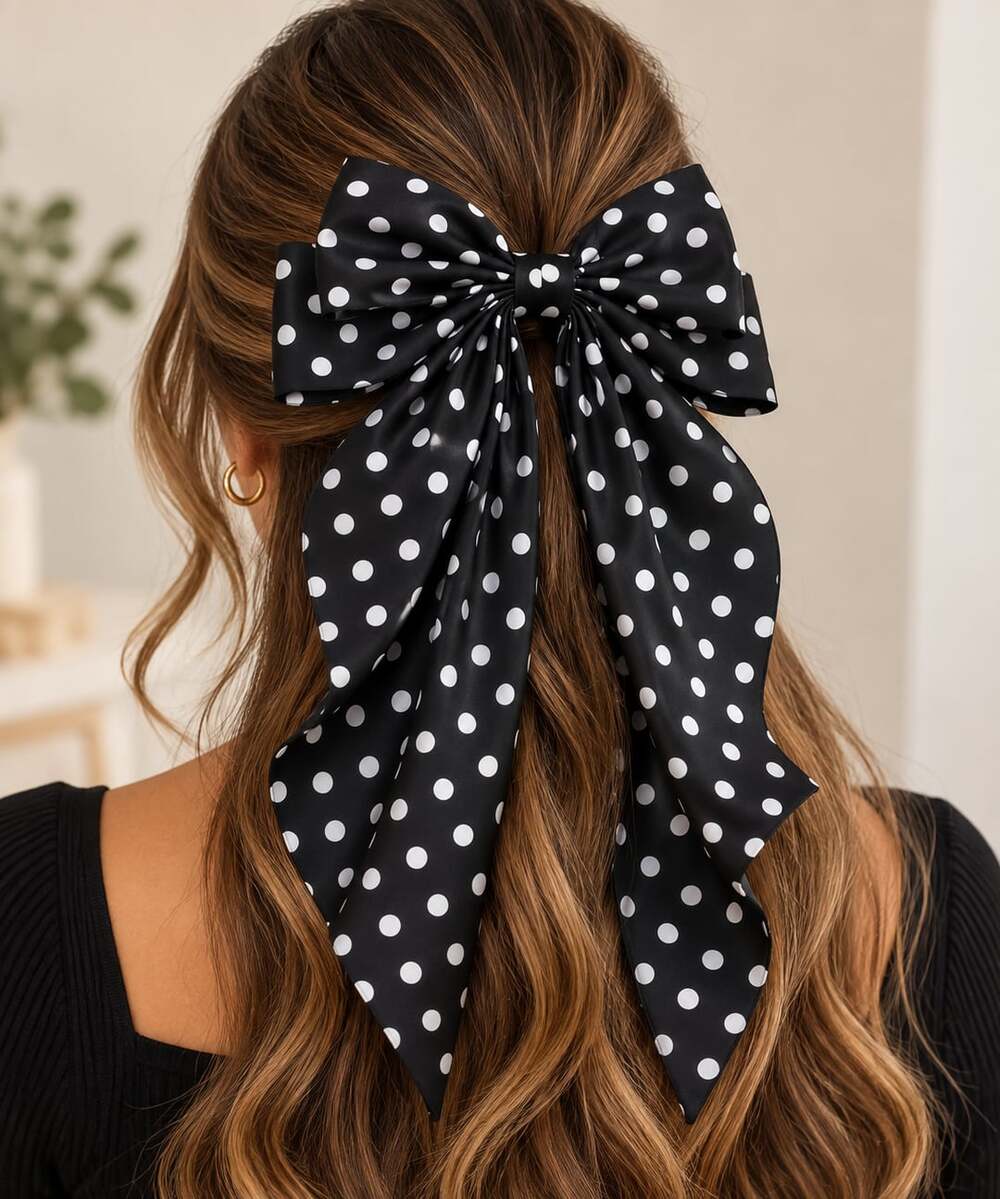 Retro Coquette Black Polka Dot Oversized Long Tail Hair Bow Barrette